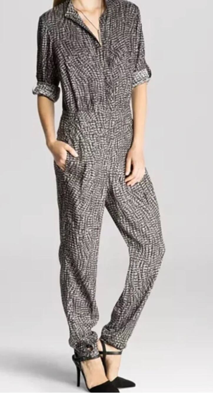 Halston Heritage Long Sleeve Jumpsuit Button Reptile Print Gray 6